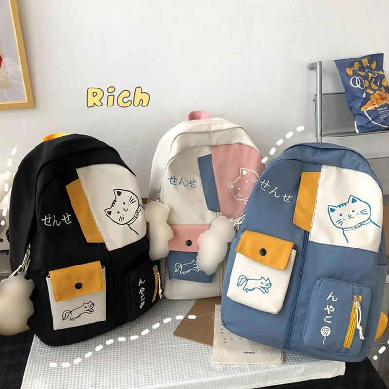 

Simple Junior High Students Schoolbag Large Capacity Primary School Students Schoolbag Cute Cat Pattern Japanese Travel Backpack