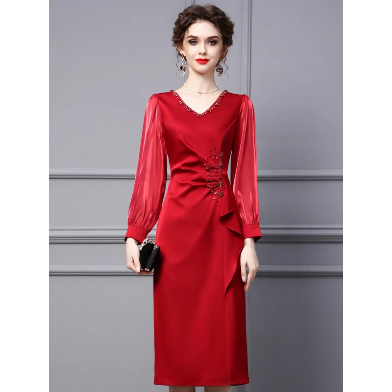 

Wine Red Dress Women2024Spring Chinese New Year Exquisite Rhinestone High-End Mid-Length Hip Skirt