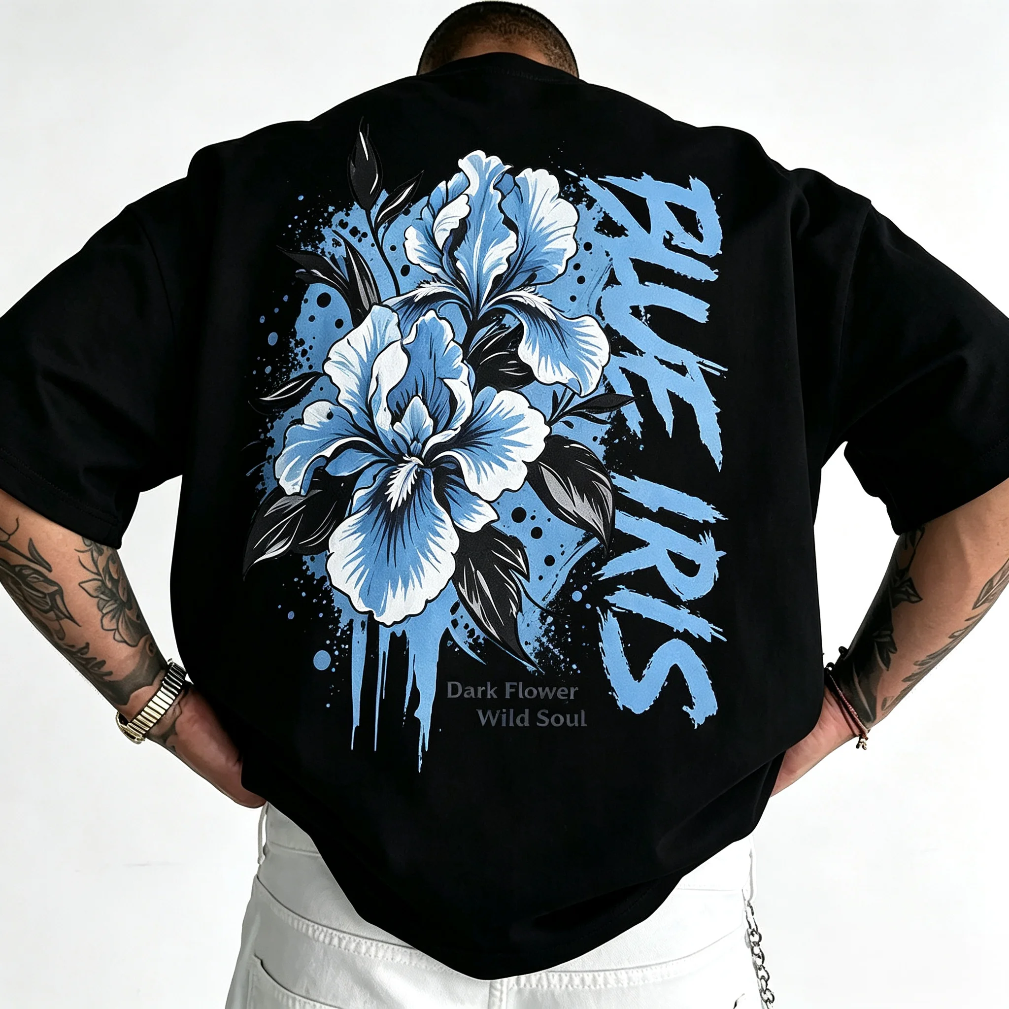 Unisex Blue Iris Flower Graphic T Shirt Men Vintage Black Line Art Oversized Tee Women Gothic Floral Hip Hop Streetwear Back Print Short Sleeve T-shirt