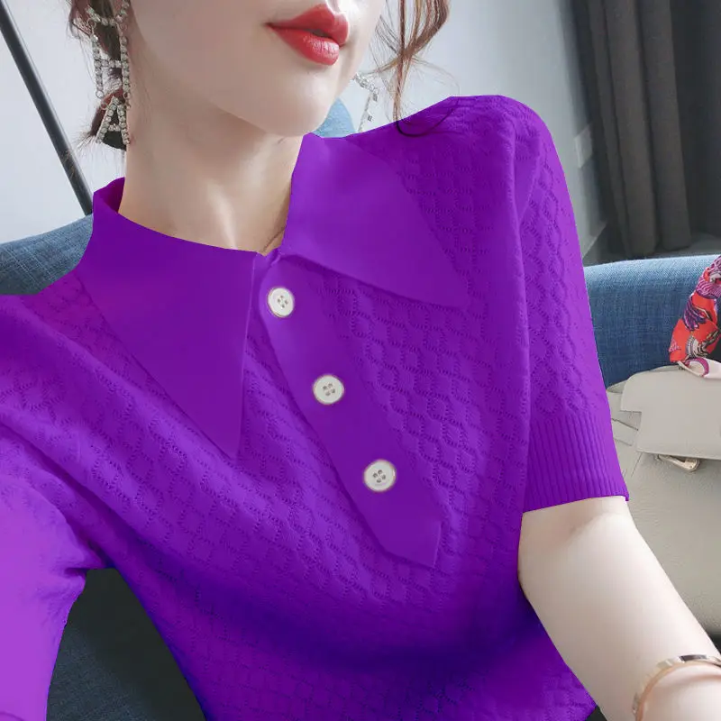Women's summer knitted short sleeve T-shirt new loose large size base shirt student Korean POLO collar  tops