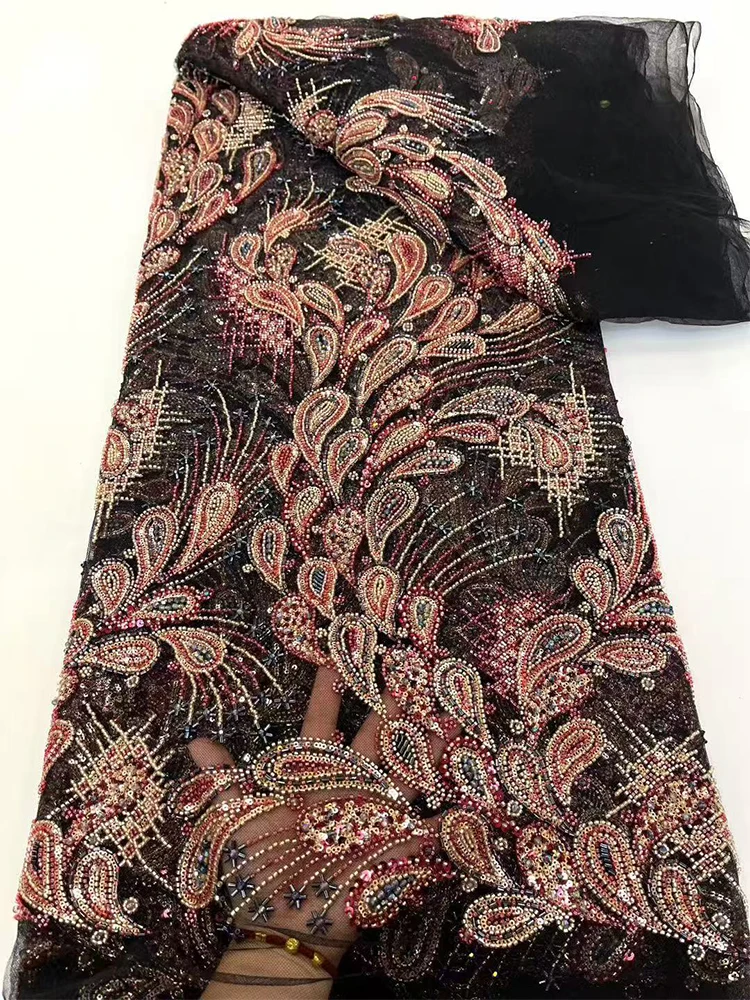 

Black Lace Fabric Retro Bead Tube Embroidered Sequin Dress Design Material for Wedding Gown Customized Plant Floral Pattern