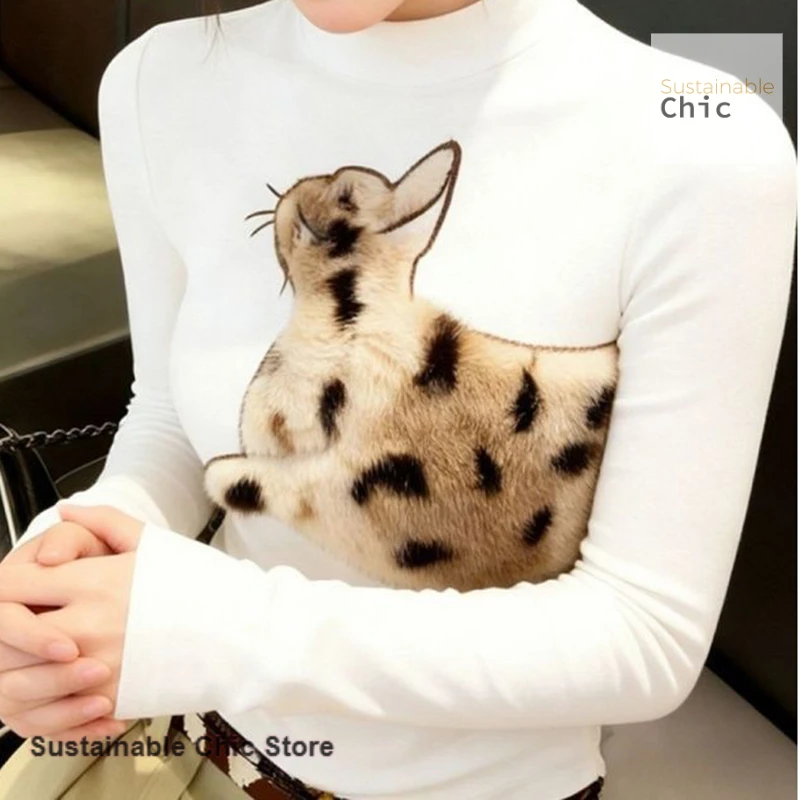 

Korean three-dimensional leopard cat print semi-high-necked long-sleeved T-shirt women's spring and autumn new fashion loose top