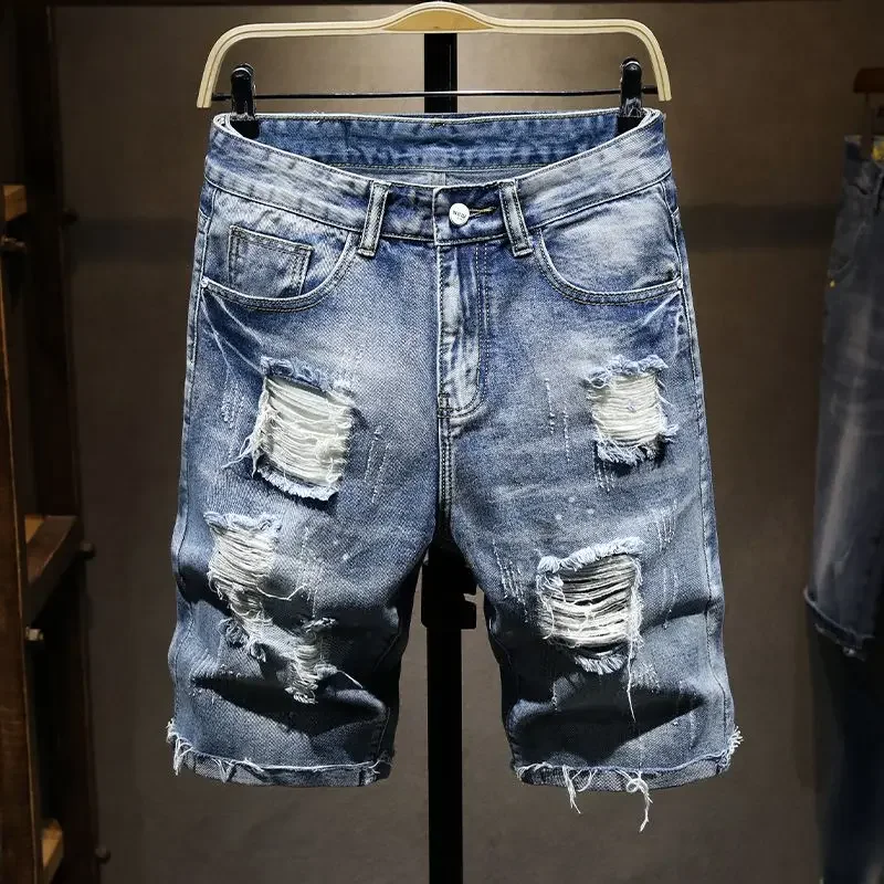 

Short Jeans Pants for Men Ripped Bermuda Long Man Denim Shorts Half Designer Xxxl Jorts Emo Cowboy Cut Y2k Fashion Harajuku Blue