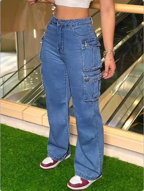 

Women's Pants 2025 Retro Hip-Hop Multi Pocket Denim Work Pants High Waisted Loose Straight Leg Pants Street Fashion Casual Pants