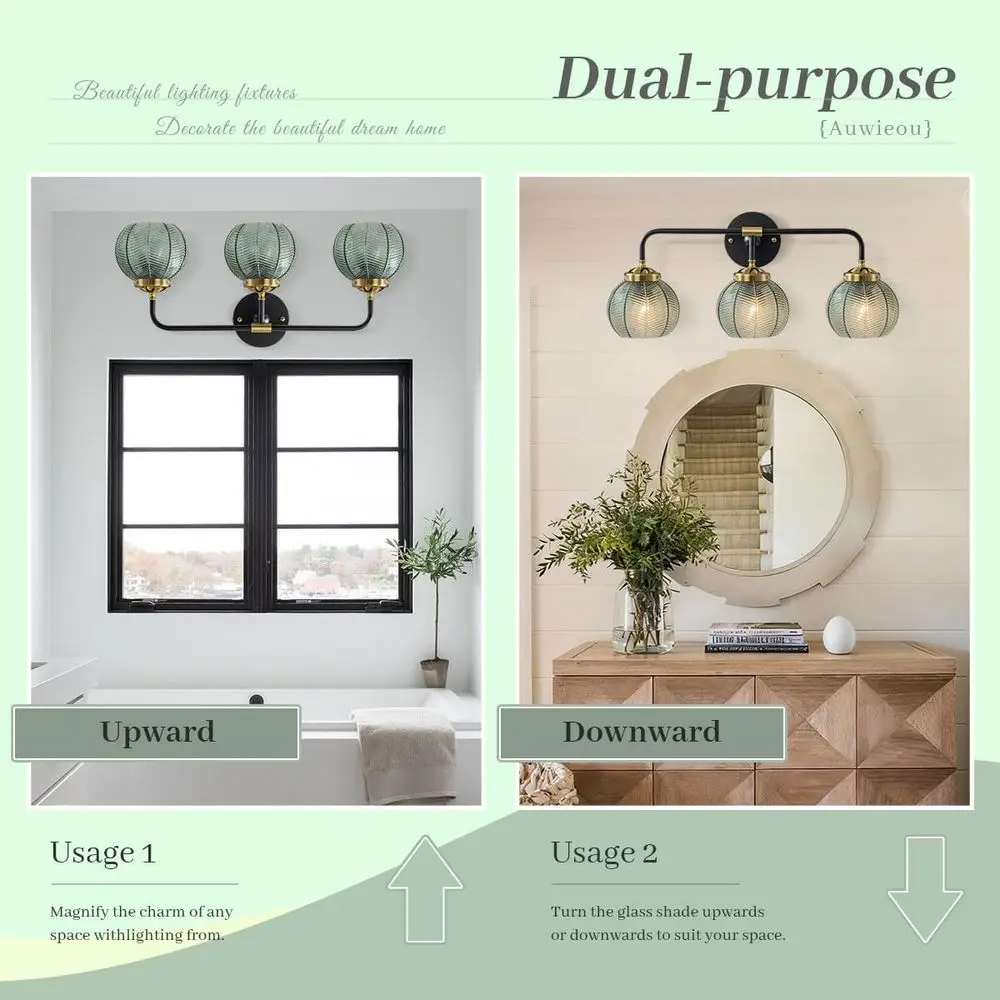 3-Light Vintage Green Glass Sconce - مصباح جداري للحمام وغرفة النوم والممر #2