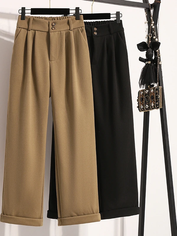 Women's Wide Leg Pants High Waist Thiened Woolen Roll  Autumn Winter plus Size Abdomen Control Long Length Straight Cut