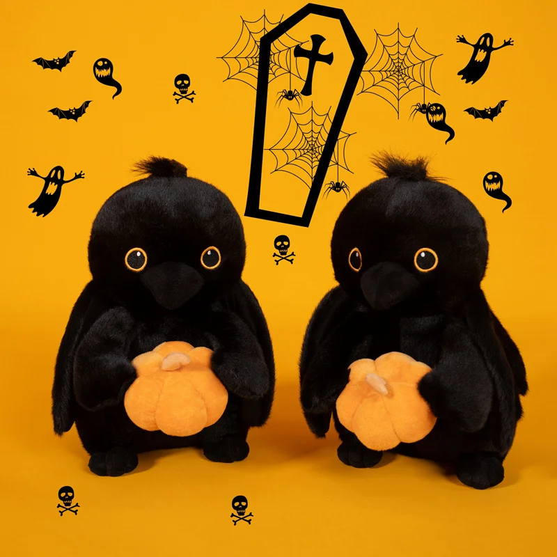 

30cm Big Eyes Black Crow Pumpkin Doll Plush Toy Halloween's Day Darkness Scary Animal Plushie Party Birthday Gift