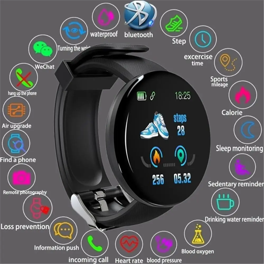 

D18 Round Bluetooth Smart Watch Men Women Blood Pressure Heart Rate Monitor Waterproof Sport Fitness Tracker Smartwatch D18S