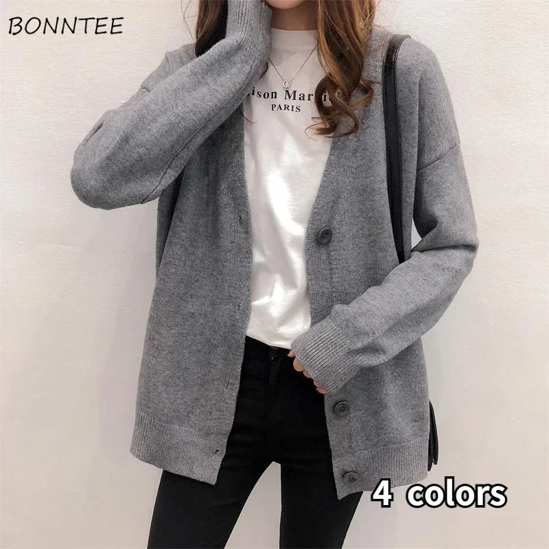 

Cardigan Women Chic New Fashion V-neck Knitted Loose Solid Retro Office Lady Korean Style Autumn Cozy BF Casual All-match Mujer