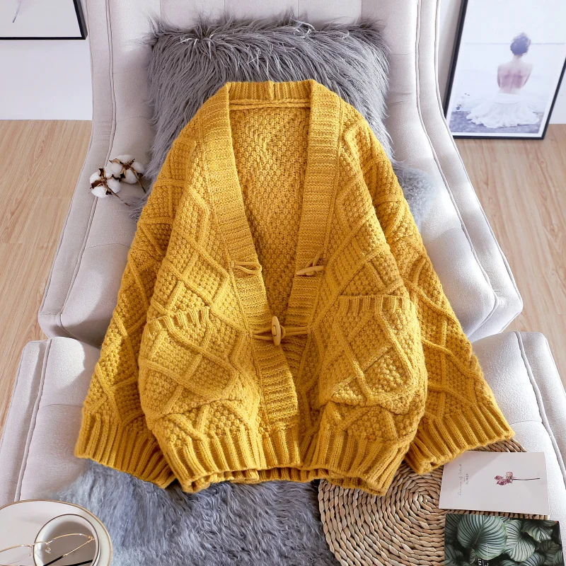 Beige Red Blue Yellow Coarse Yarn Knitted Cardigan Women Sweater Korean Loose V Neck Big Pocket Long Sleeve Knit Jacket Female