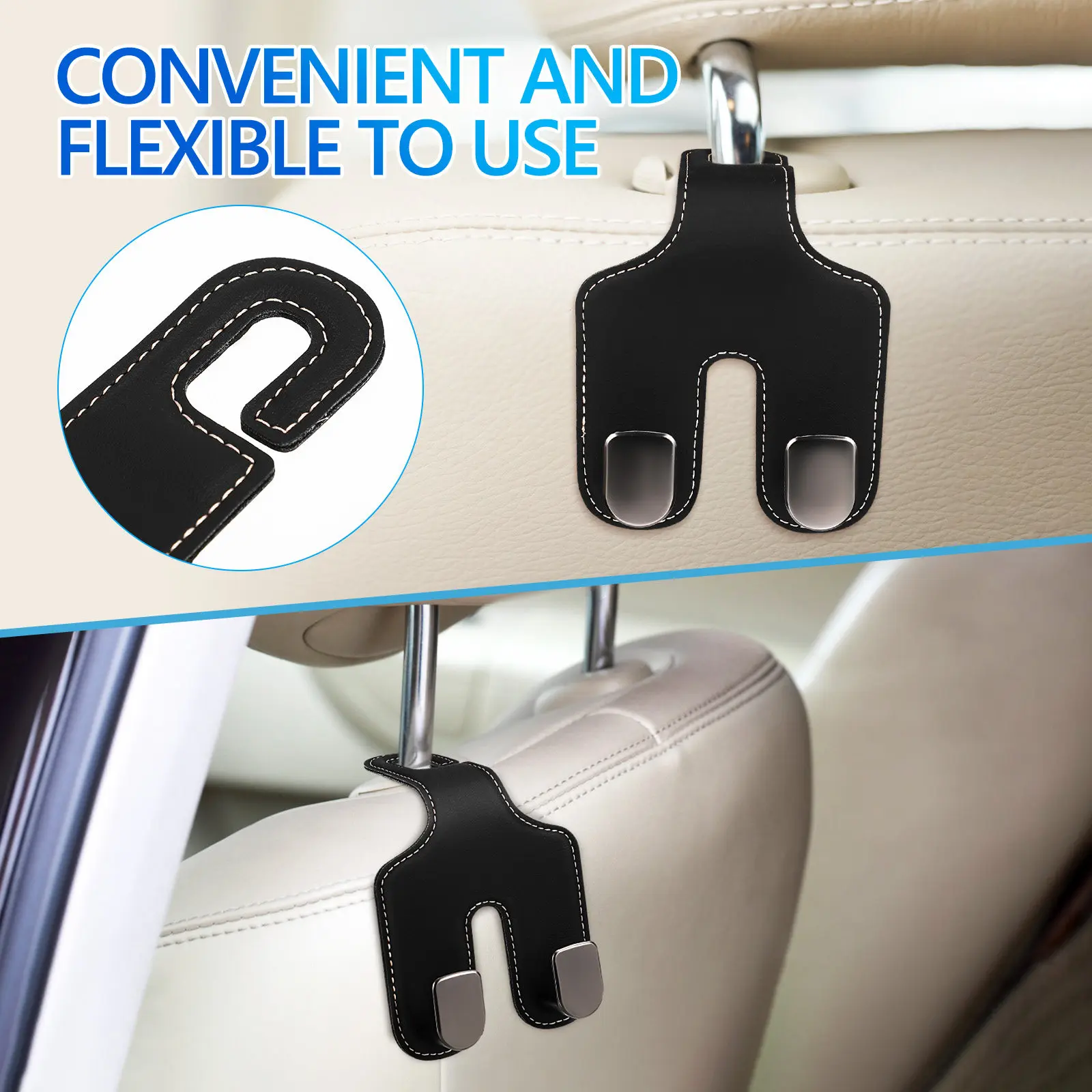 Car Seat Back Dual Hook Sturdy PU Material Convenient Clutter Free Storage for Purse Handbag Clothes Car Organizer Headrest Hook