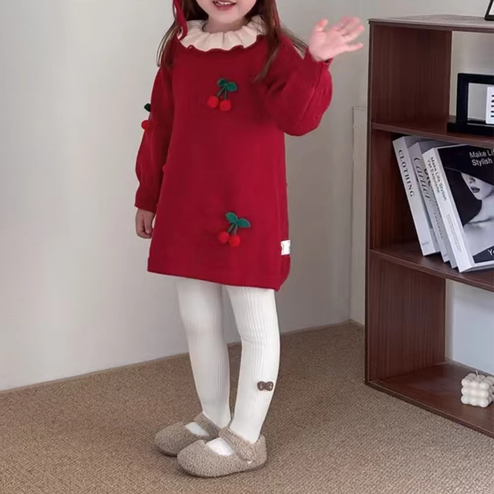 فستان محبوك على طراز الأميرة للفتيات مع ياقة لوتس للأطفال من القطن الخالص، تنورة سترة خريفية بتصميم كرز حلو، أزياء لطيفة