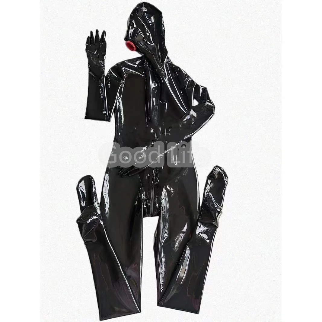 Catsuit de látex negro de cobertura completa, cubierta de boca adjunta, máscara zentai, capucha, disfraces, cremallera de espalda a la entrepierna