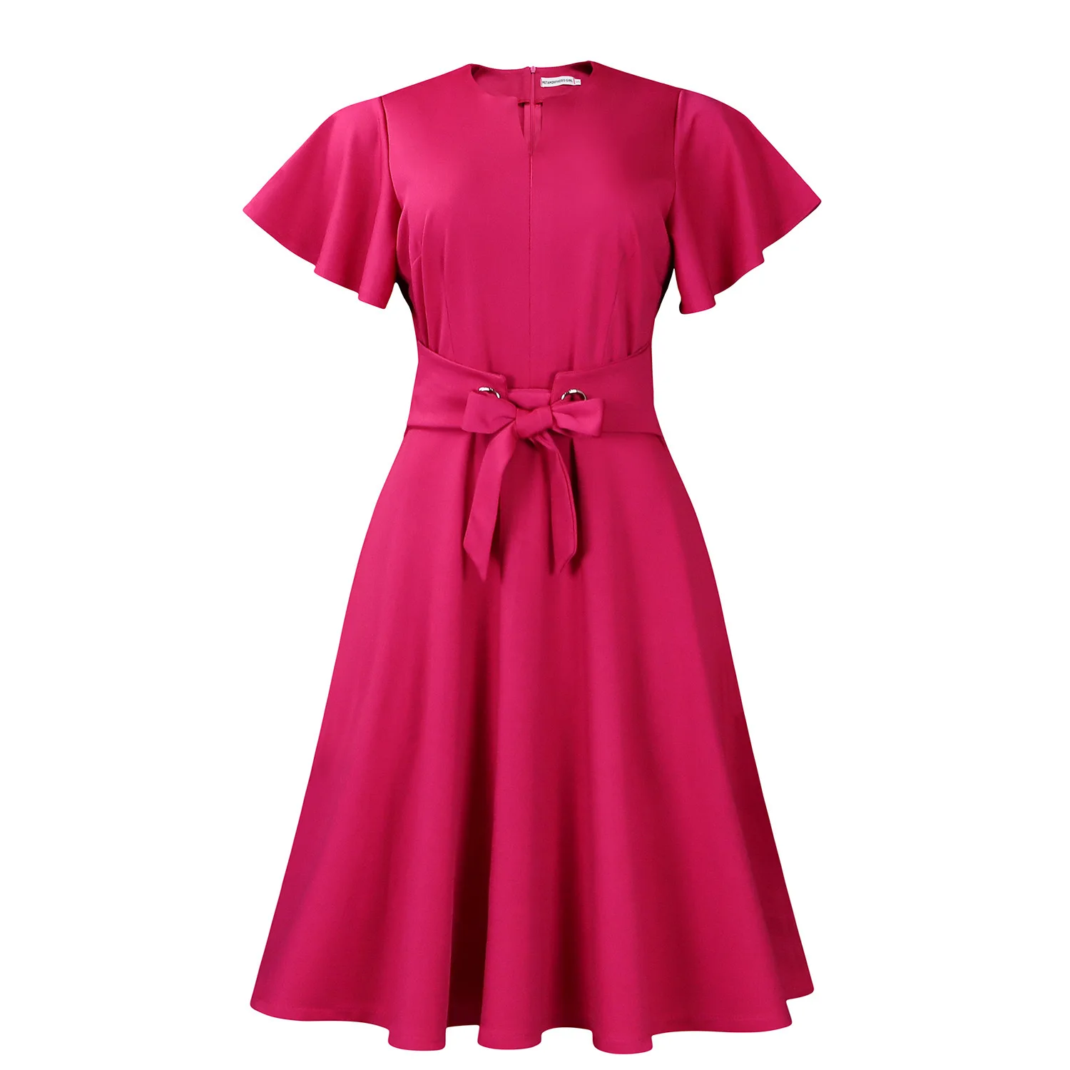 

Fashionable Pure Color Belted Short Sleeve plus Size Dress Elegant Style Polyester V-Neck Midi A- Line Dress for Summer
