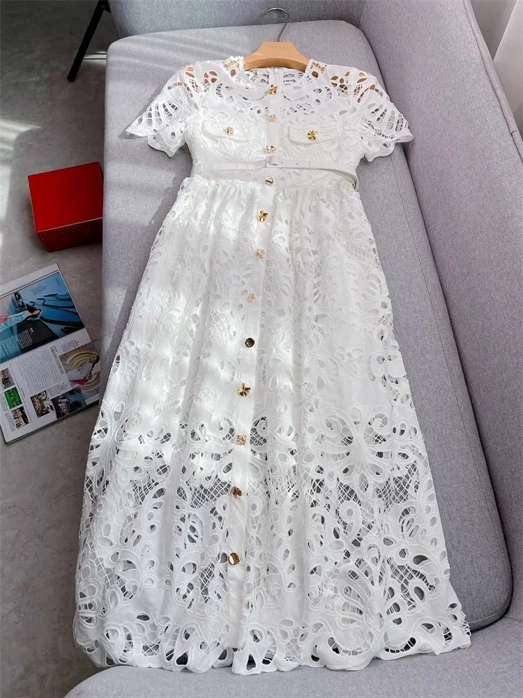 Summer Autumn Holiday White Lace Prom Wedding Dress Women Single Breasted Metal Button Flower Embroidery Midi Long Sundress