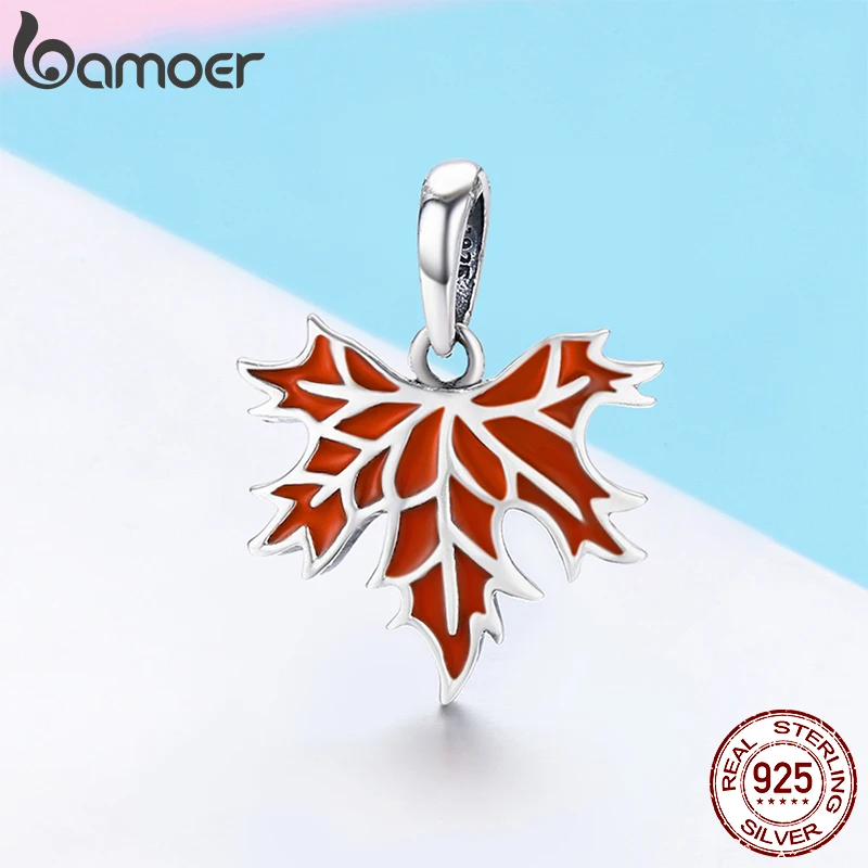 BAMOER 100% 925 Sterling Silver Autumn Maple Tree Leaves Hanging Beads Pendant Charms for Women Necklace and Bracelet DIY SCC585