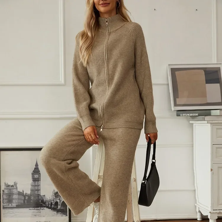 Women Two Piece Sets Full Sleeve Coats Zipper Knitted Sweaters Solid Wide Leg Long Pants Set Autumn Winter 2023 Loose Casual