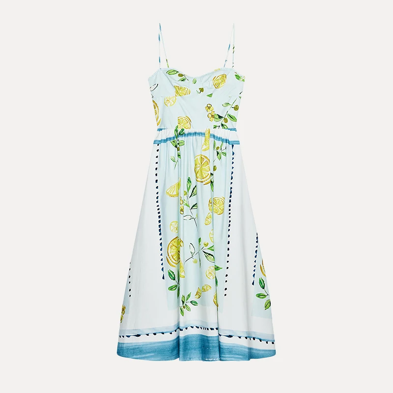 여름 신상 여성용 면 레몬 프린트 실크 드레스 레몬 향 휴가 스타일 민소매 가운 자다타 브랜드