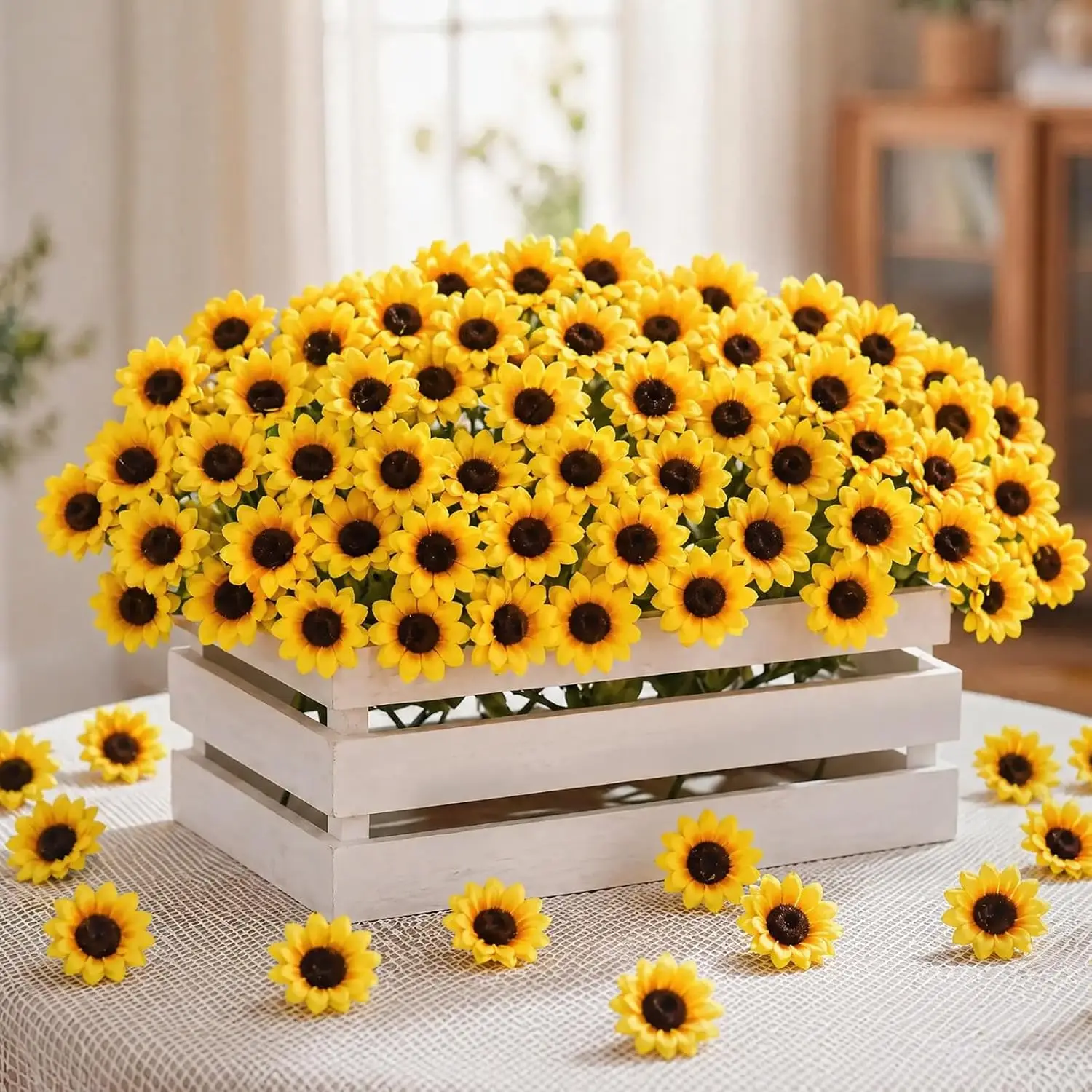 100 Stück künstliche Blumen, Mini-Seiden-Gänseblümchen, für Party, Hochzeit, Zuhause, Raum, Festival, Dekoration, Kranz, künstliche Pflanzen, günstige DIY-Geschenke, Süßigkeitenbox – Detail 1