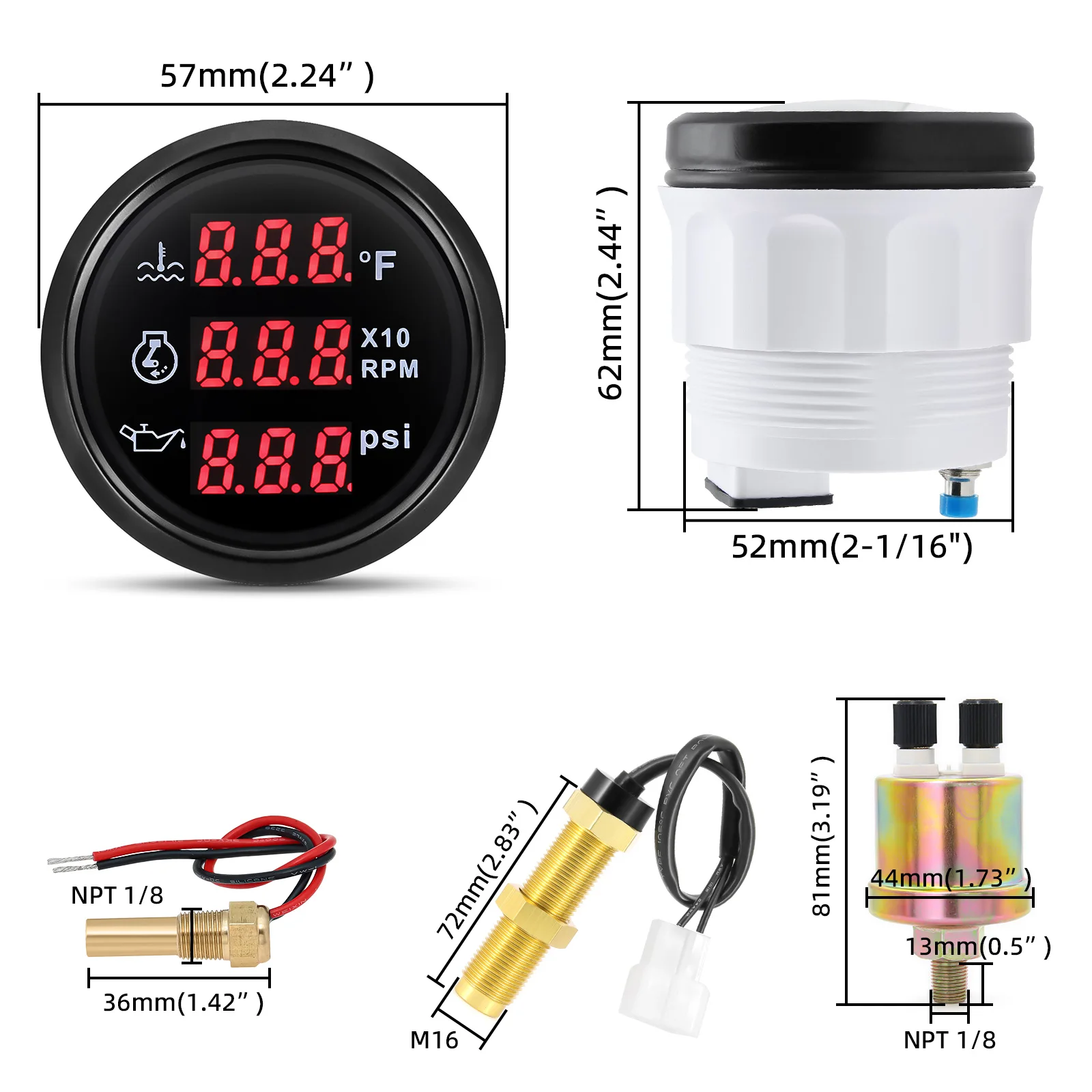 3 IN 1 Car Digital Gauge + Sensor 52mm Tachometer  Oil Pressure Water Temp Gauge With Alarm Temperature Sensor NPT 1/8 RPM Senso