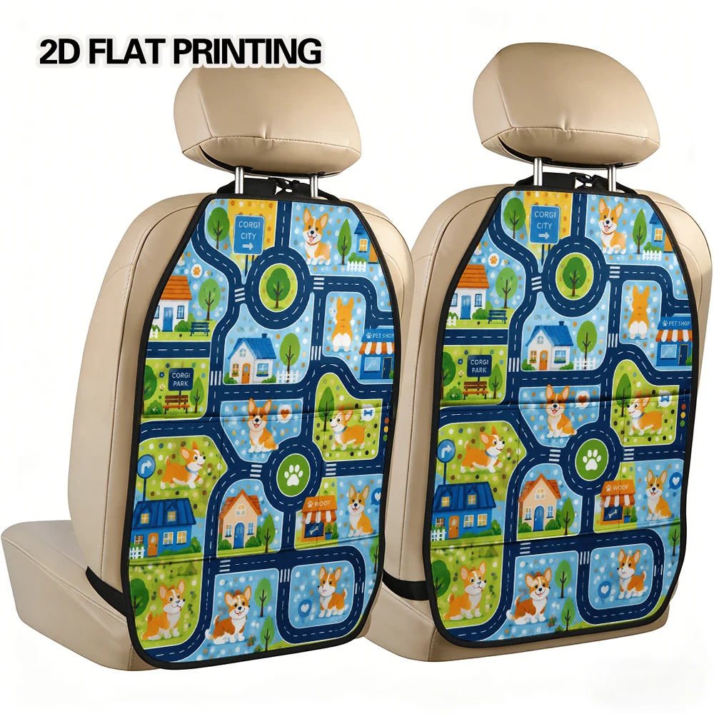 2D Flat, 2pcs Corgi Village Print Backseat Car Organizer Mats, Versatile Foldable Storage Pouch, Elegant Car Interior Decor, Ela