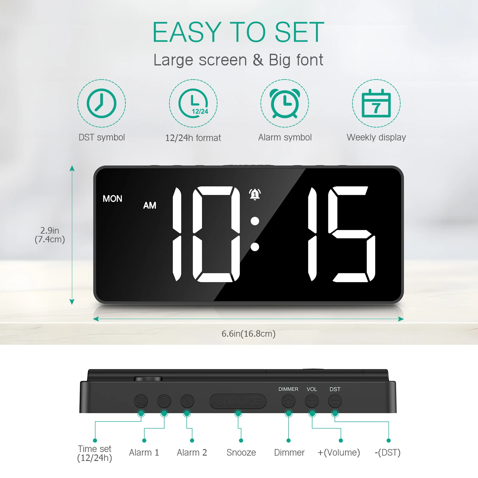 AMIR Digital Alarm Clock Large LED Display Bedside Clock with 4 Alarm Clock Modes, Snooze, DST, 12/24H for Bedroom, Office