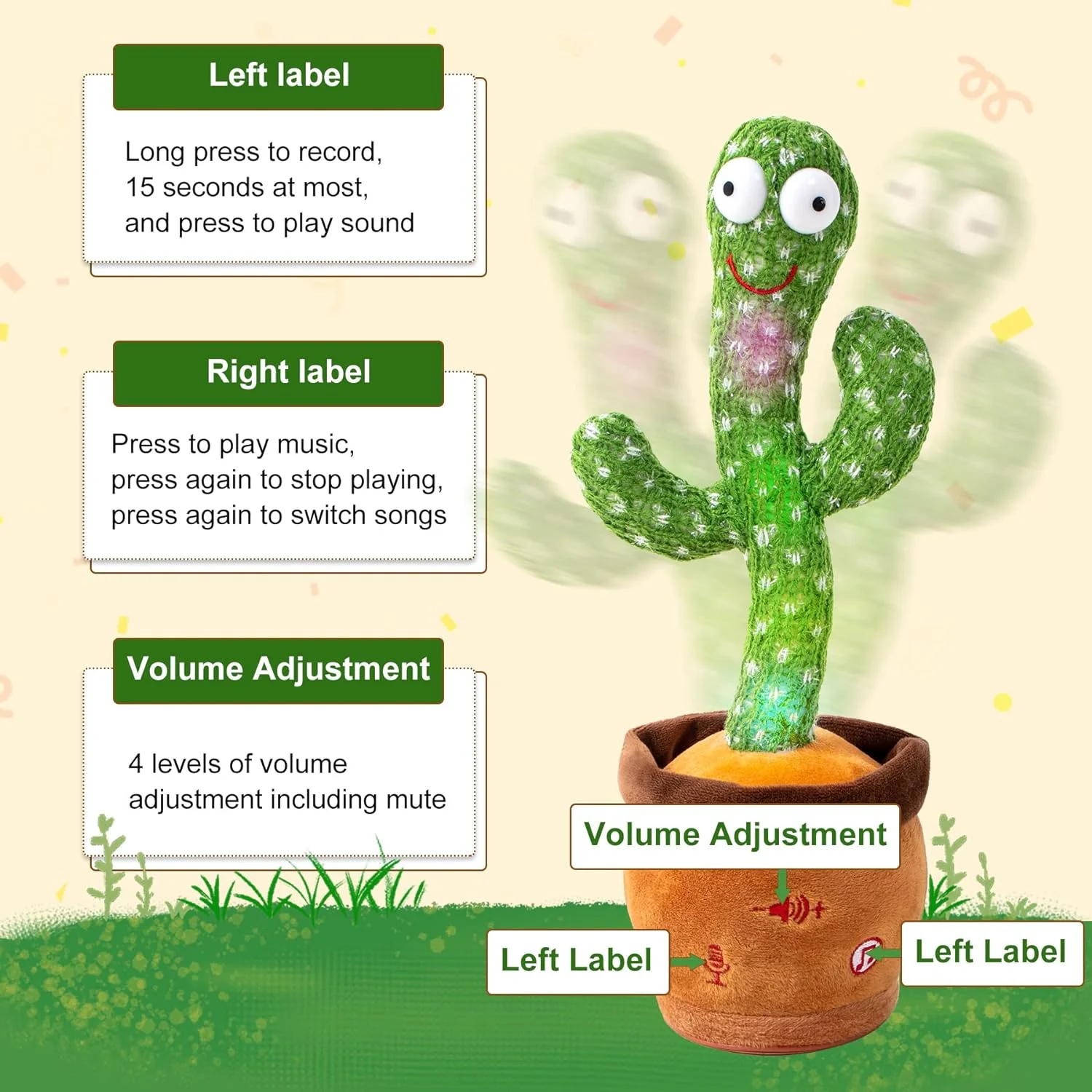 2024 New Fun Cactus Toy Can Repeat Talking Interactive Learning Can Glow and Dance Cactus Spanish Parlanchin Baby Toy