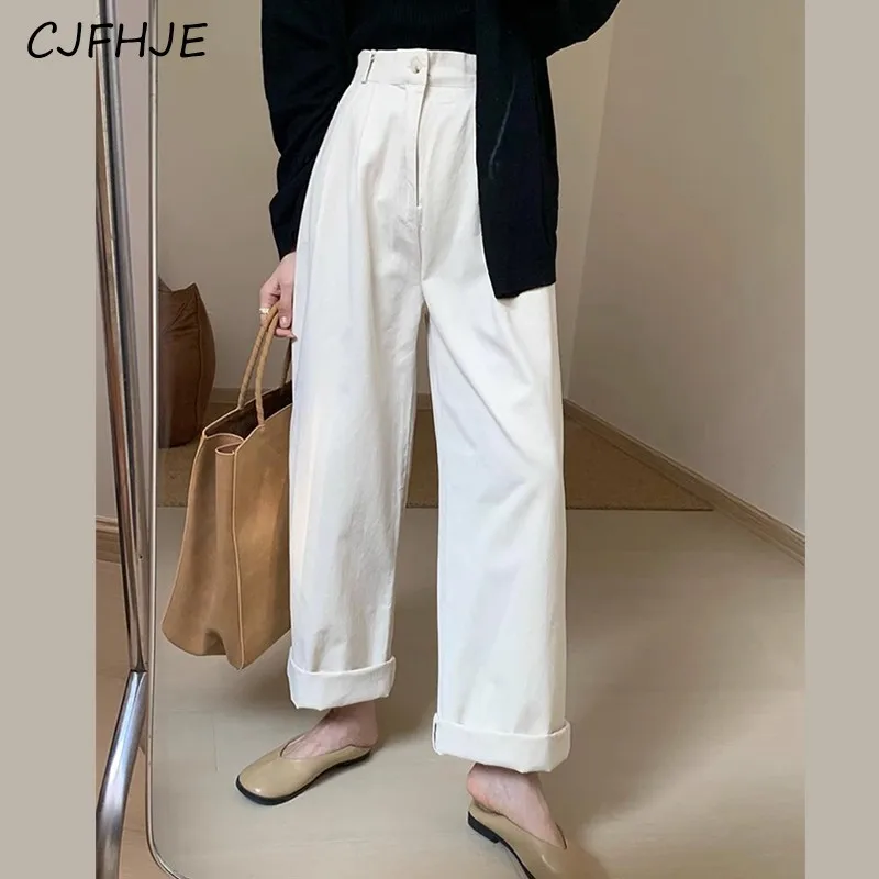 CJFHJE-Calça de perna larga monocromática feminina, casual clássica solta, cintura elástica, moda coreana, nova, outono