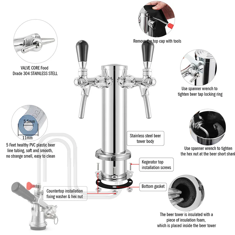 Draft Beer Tower,Dual Faucet Tap Kegerator Tower,3'' Dia. Stainless Steel Column Beer Dispenser with Hose,Wrench,Brewing Bar Kit