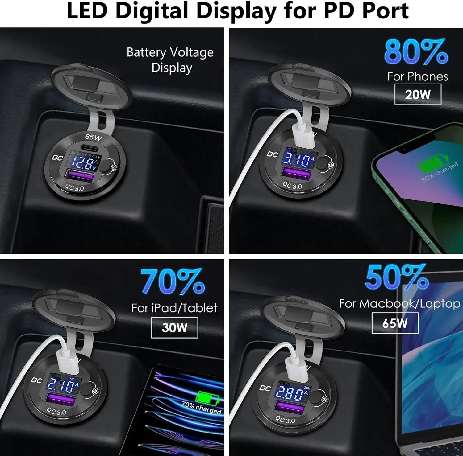 12V/24V USB Car Charger Power Socket with Switch PD and QC3.0 Fast Charging Charger for Car RV Boats Motorcycle