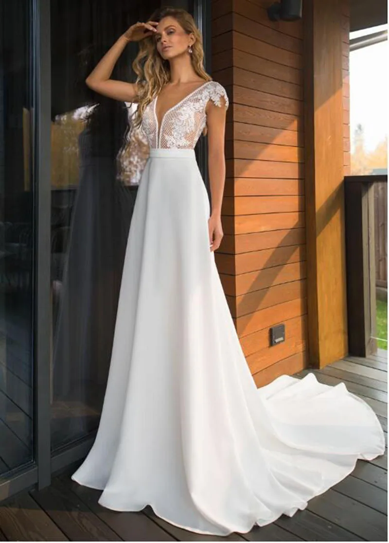 

VENSANAC Deep V Neck Satin A Line Sweep Train Wedding Dress Lace Appliques Short Cap Sleeve Sash Bridal Gown