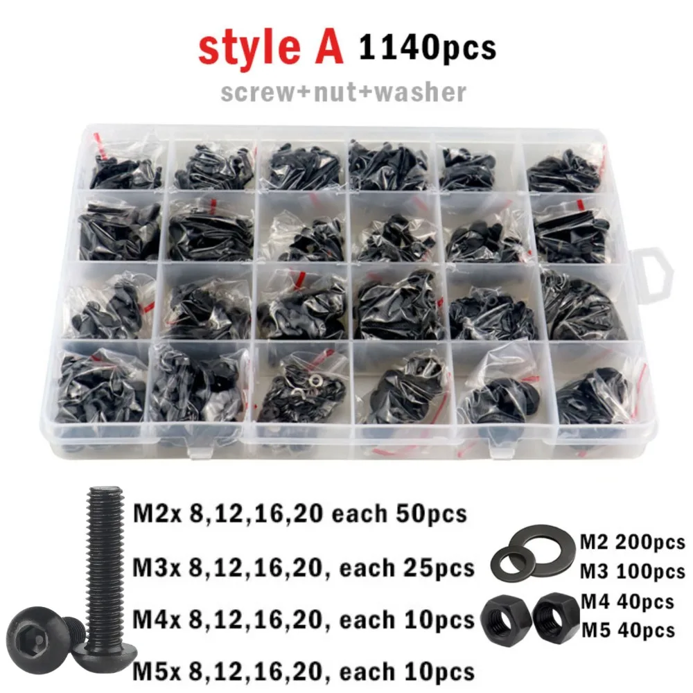 

280-1140pcs M2 M2.5 M3 M4 M5 Black Grade 10.9 Steel Hex Hexagon Socket Button Round Head Screw Allen Bolt and Nut Set Kit Box