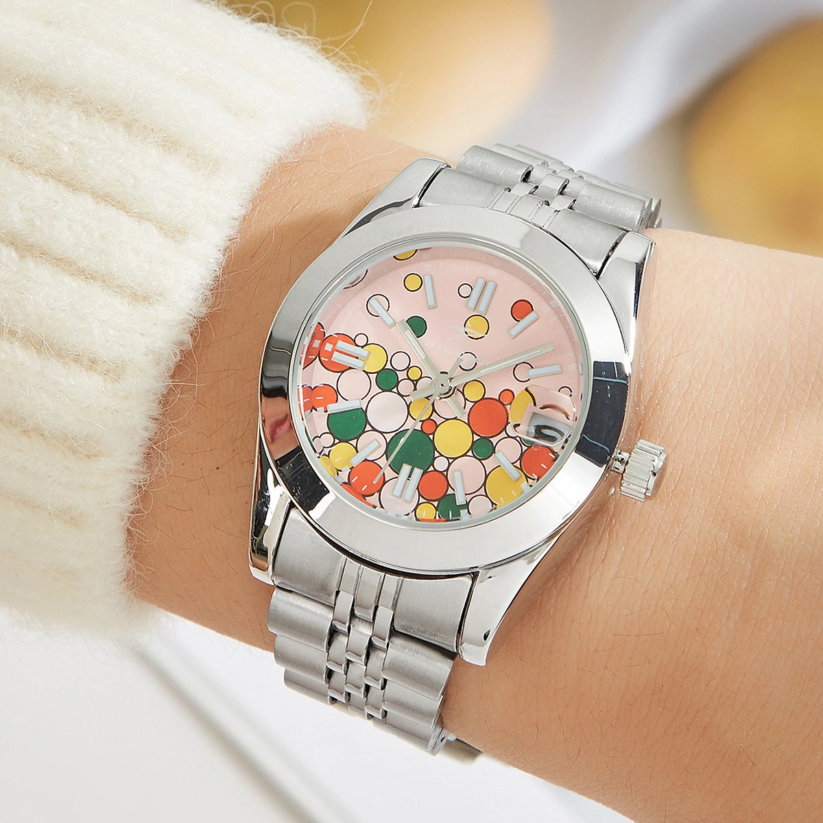 Fashionable Bubble Dot Dial Steel Band, Women's Quartz Watch, Luminous Hands with Calendar, Simple Business Casual Wristwatch