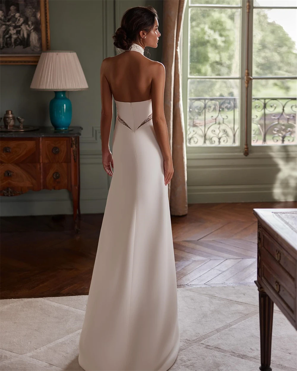 

Customized Fashion White Jersey Wedding Dresses for Woman Court Train Bridal Gowns Halter Sleeveless Back Robe de soirée