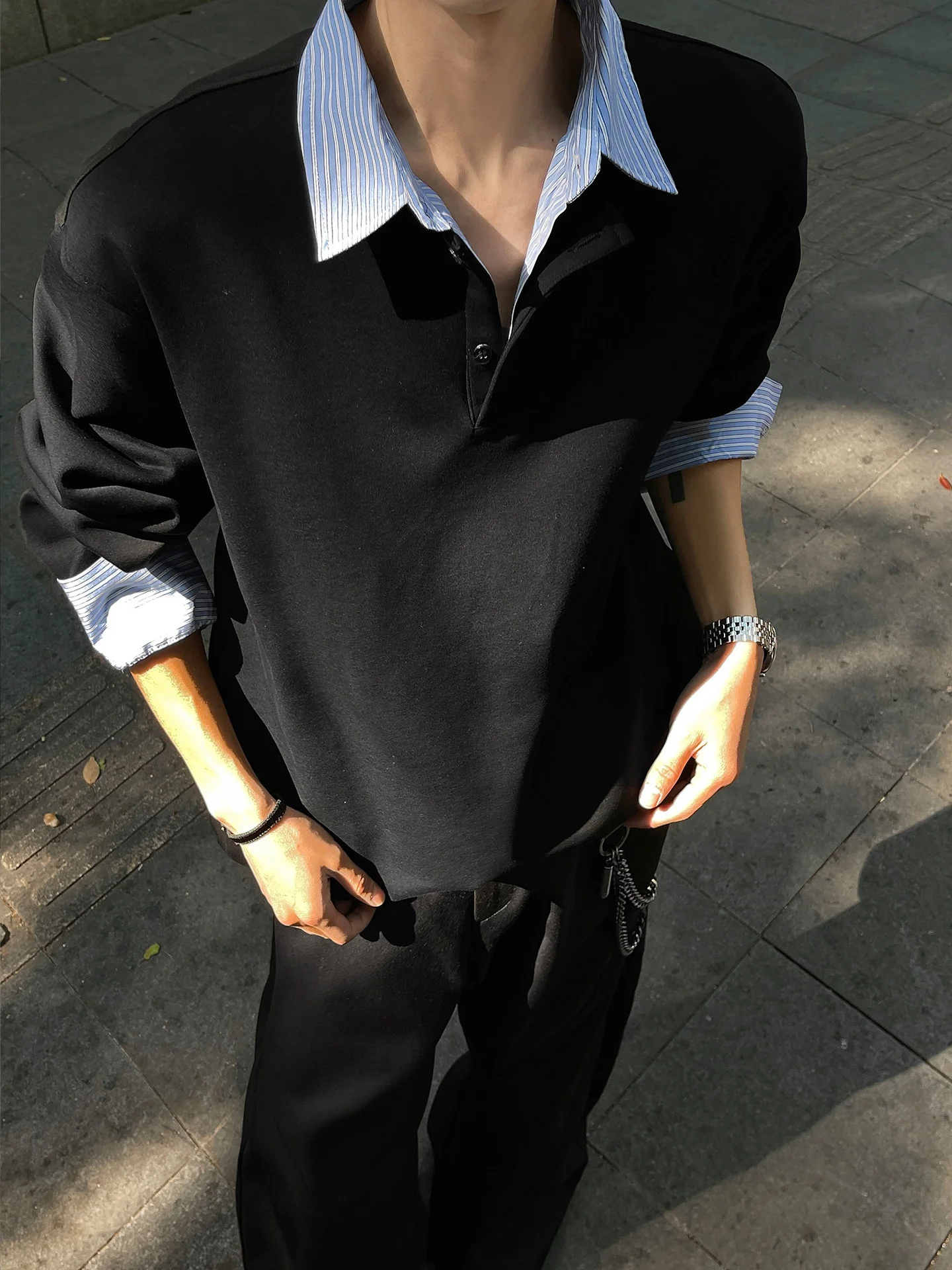 American Style Men's Long Sleeve Sweatshirt Casual Shirt Collar Fake Two-Piece Loose Fit Autumn Spring Trendy Brand Clothing