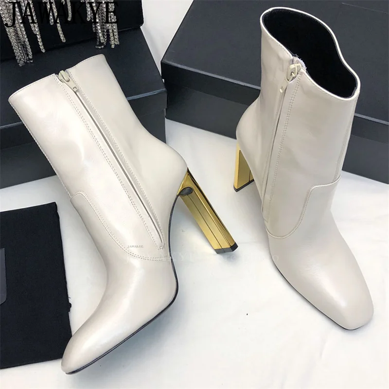 Gold Chunky High Heel Ankle Boots Women Genuine Leather Chelsea Boots 2024 Winter Luxury Slim Runway Fashion Week Boots Mujer