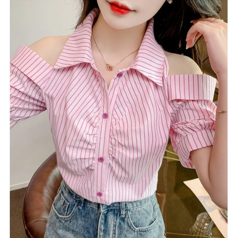 Vrouwen Kleding 2024 Zomer Mode Sexy Off Shoulder Ruches Shirts Gestreepte Korte Mouw Blouse Casual Sweet Chic Slanke Tops