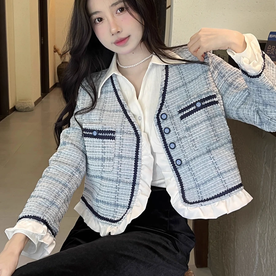 Vintage V-neck Tweed Jacket Autumn Winter Sky Blue Short Coat Lace Ruffles V-neck Outerwear Sweet Girls Fashion Lady Korean 2023