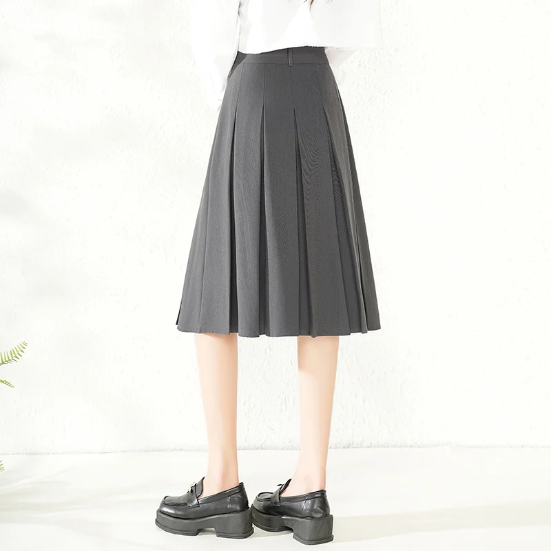 Womens Autumn/Winter Black/Gray/Navy Blue Pleated Skirt Fashion High Waist Ladies S M L XL XXL 3XL Size Female Knee-Length Skirt