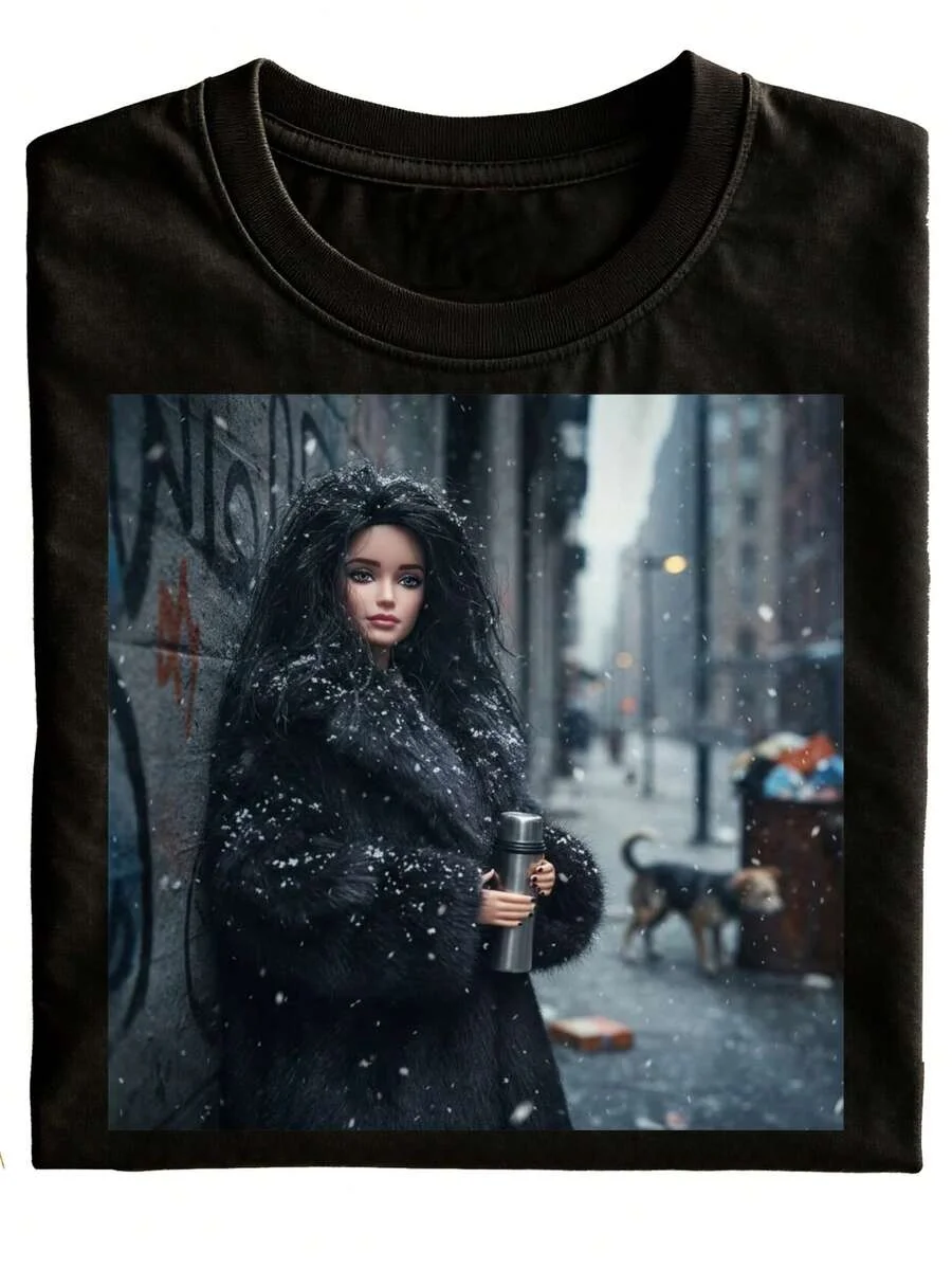 Snow Street And Black Fur Coat Pattern T-Shirt, Casual T-Shirt, Fashion Urban Art Print, Winter Gift, Pure Fashion Casual Outfit, Holiday Gift, Plus Size