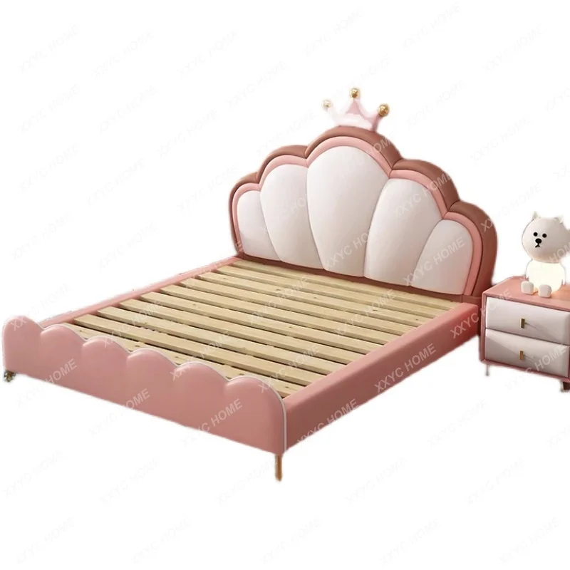 Children's Bed Girls Pink Princess Bed Modern Simple 1.35 M Single Bed Crown Bed Storage Leather Bed