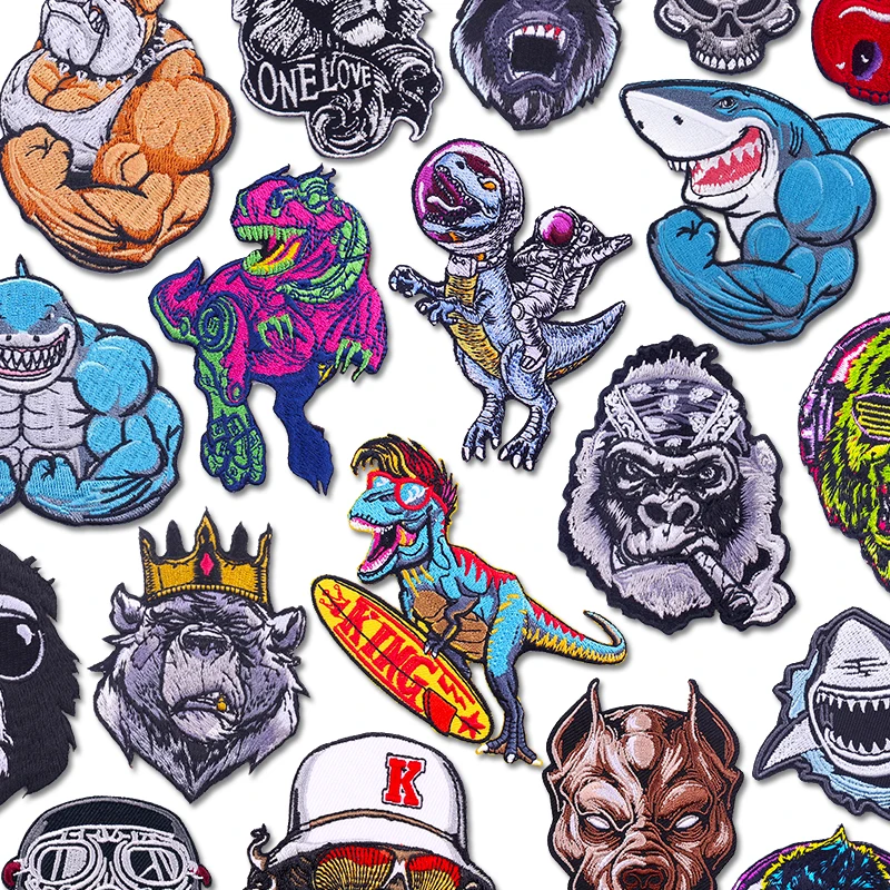 Coole Dinosaurier Patch Muskel Tier Gestickte Patches Für Kleidung Affe Bär Hai Patch Eisen Auf Patches Für Kleidung Nähen DIY