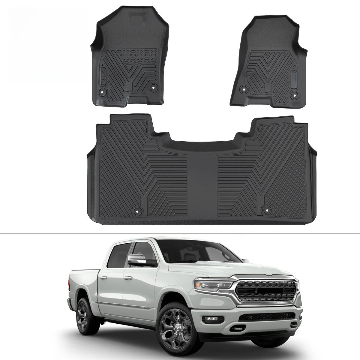 

3D-коврики для пола для Ram 1500 Crew Cab 2019-2024 с задними сиденьями и отсеком для хранения под сиденьем