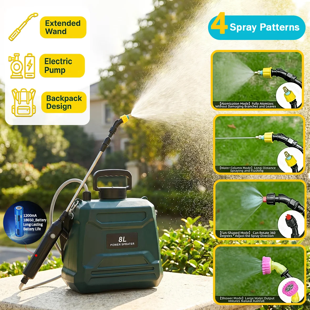 8L/2 Gal Rechargeable  Garden Electric Sprayer 3 Nozzles, Adjustable Telescopic Rod, 1M Hose, and Adjustable Portable Shoulder S