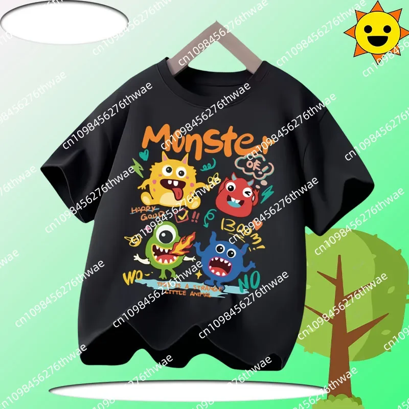 

2025 New Monster Boy Cartoon Print Kids Round-neck Short-sleeved Casual Shirt for Boys and Girls - Cute Summer T-shirt