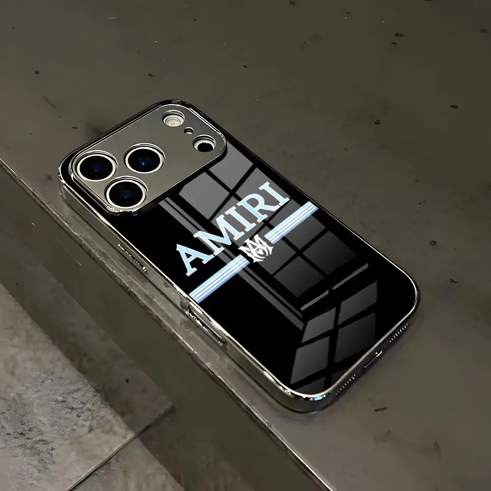 Чехол для телефона A-Amiri с логотипом для iPhone 17 Air 16 E 15 14 13 12 11 Plus Pro Max, гальванизированное стеклянное покрытие