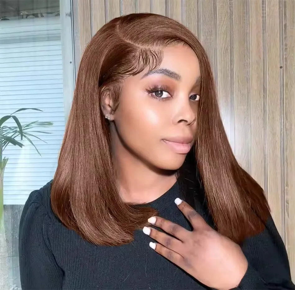 Perruque courte style bob # Perruque Bob Lace Frontal HD 13x4 en cheveux humains bruts, couleur brun chocolat, lisse, densité 200, 12-14 pouces
