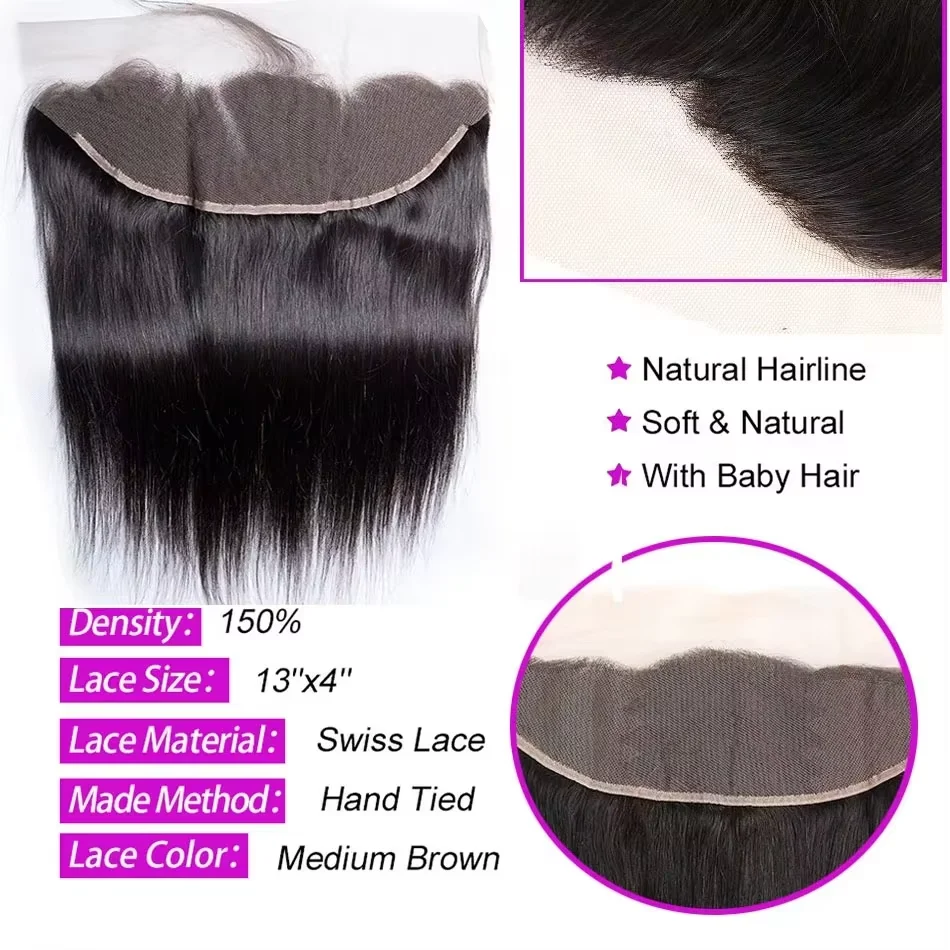 Pacotes de Cabelo Humano Peruano com Fechamento Liso Cru, 3 ou 4 Pacotes com Fechamento de Renda HD 4x4 5x5, Cabelo Virgem com Frontal 13x4