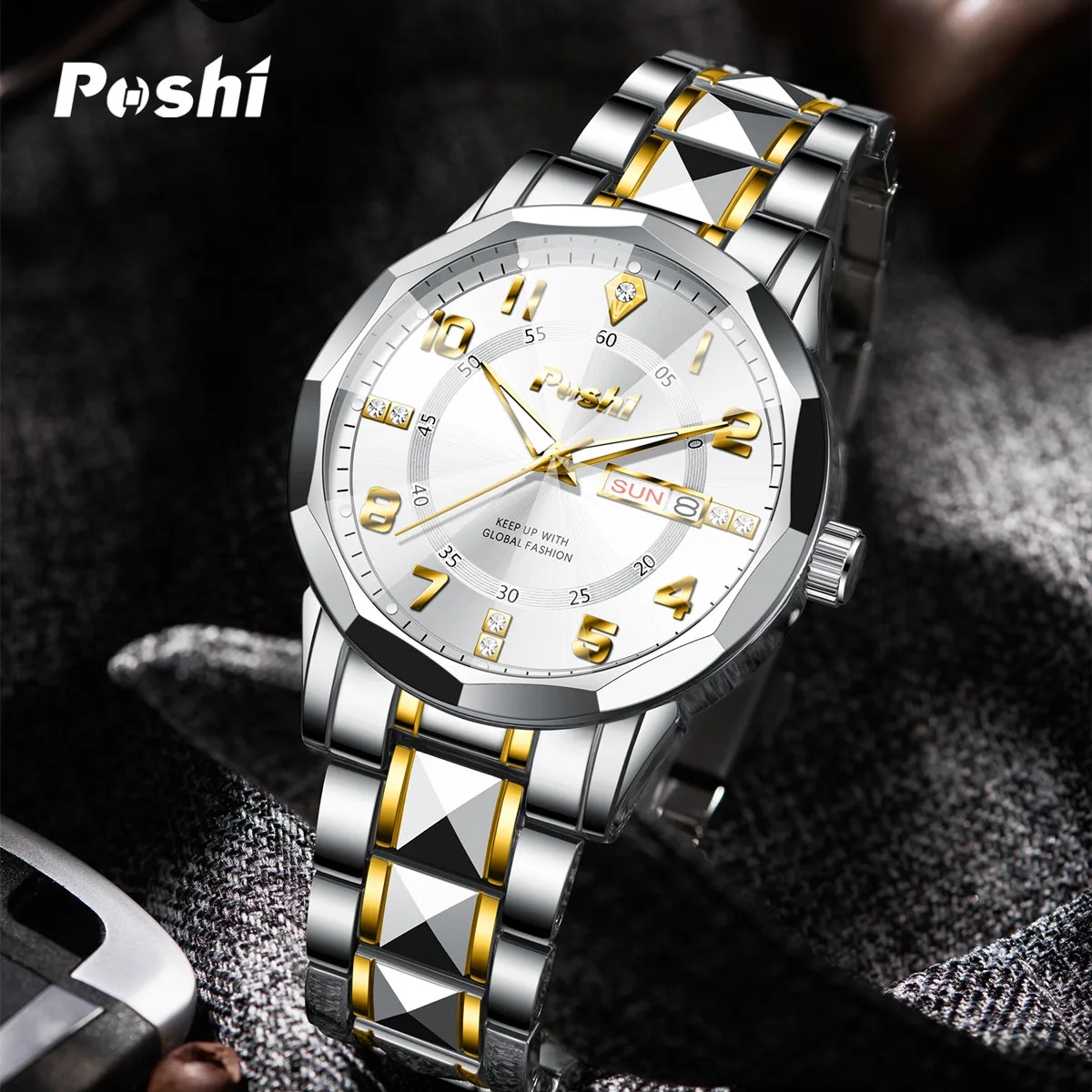 POSHI Luxury Men Quartz Watch Waterproof Date Week Luminous Wristwatch Stainless Steel Men\'s Watches Male Clock Reloj With Box