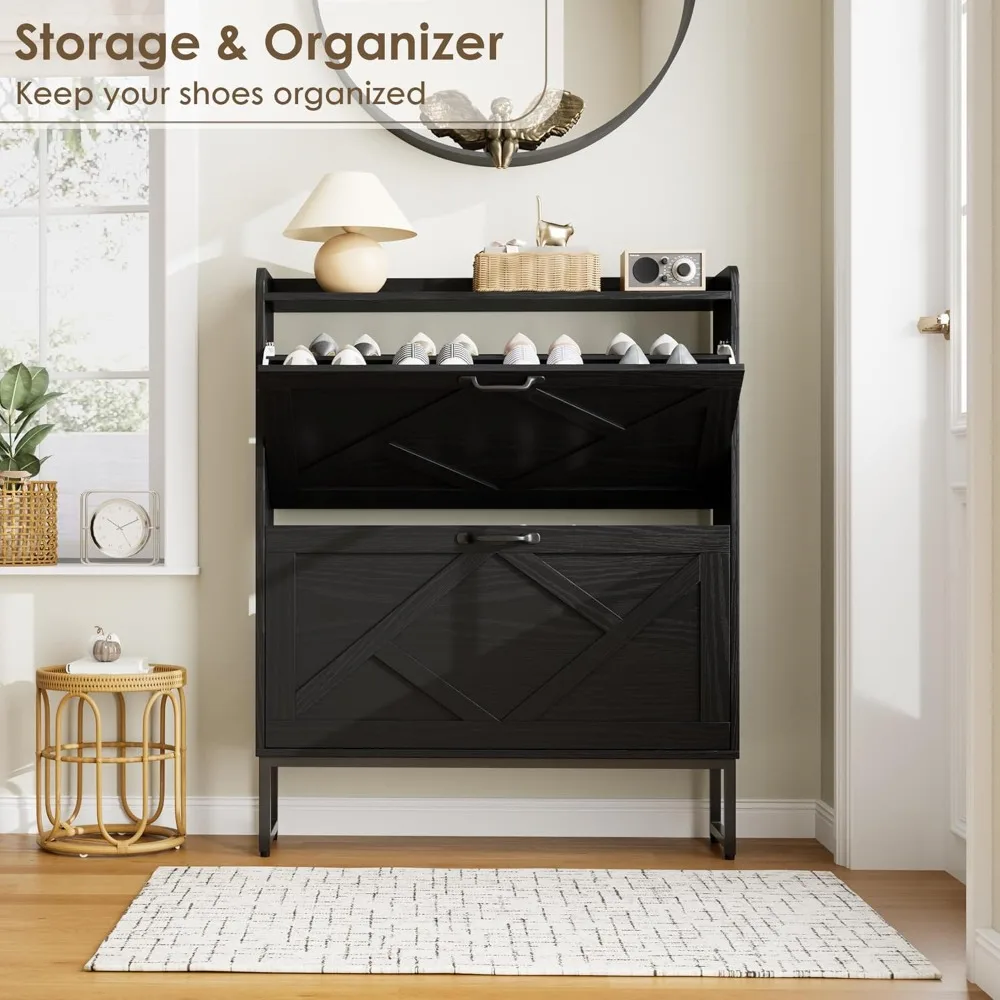 Organizador de zapatos independiente con 2 cajones, patas de metal, gabinete de zapatero estrecho